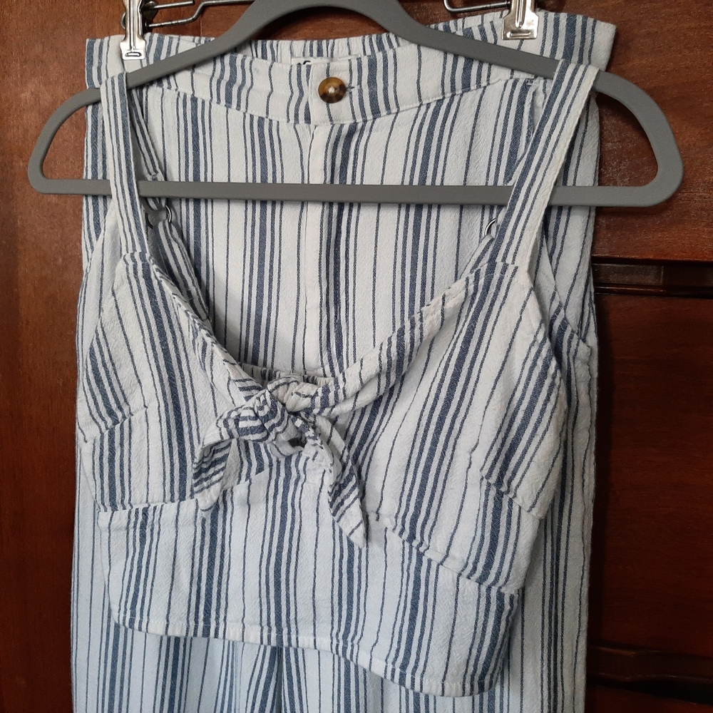 Hollister Blue and White Striped High-Rise Pants With Cropped Top